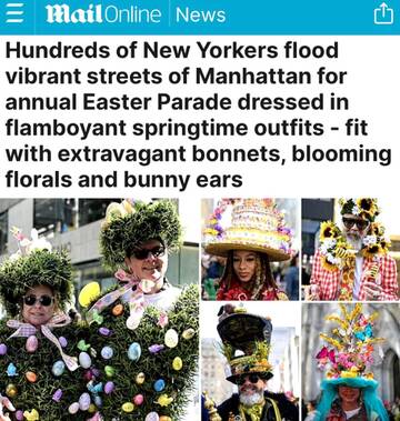 «Сотни жителей Нью-Йорка заполонили улицы Манхэттена на ежегодном Пасхальном параде, одетые в яркие наряды, дополненные кроличьими ушками»: На пасхальный парад шляп пришли даже собаки в маскарадных костюма T733959